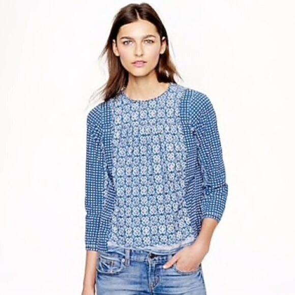 J. crew Bleached-Out patterned Indigo Top sz 0 - Picture 2 of 8